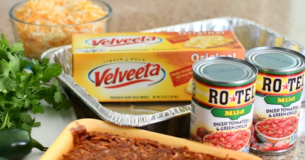 Velveeta Cheese Dip shown with rotel and other dip ingredients