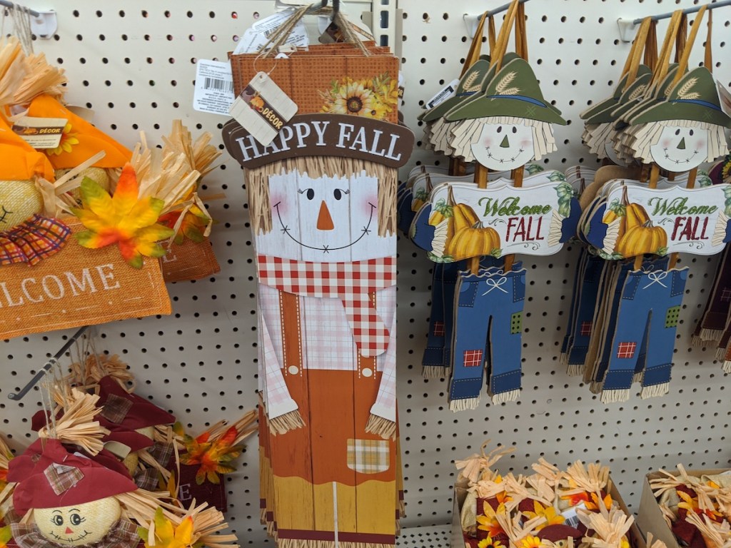 happy fall scarecrow vertical sign inside dollar tree