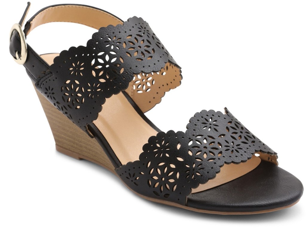 black pair of XOXO Subira Strappy Wedge Sandals