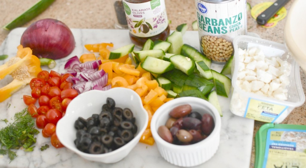 cut up ingredients for greek salad