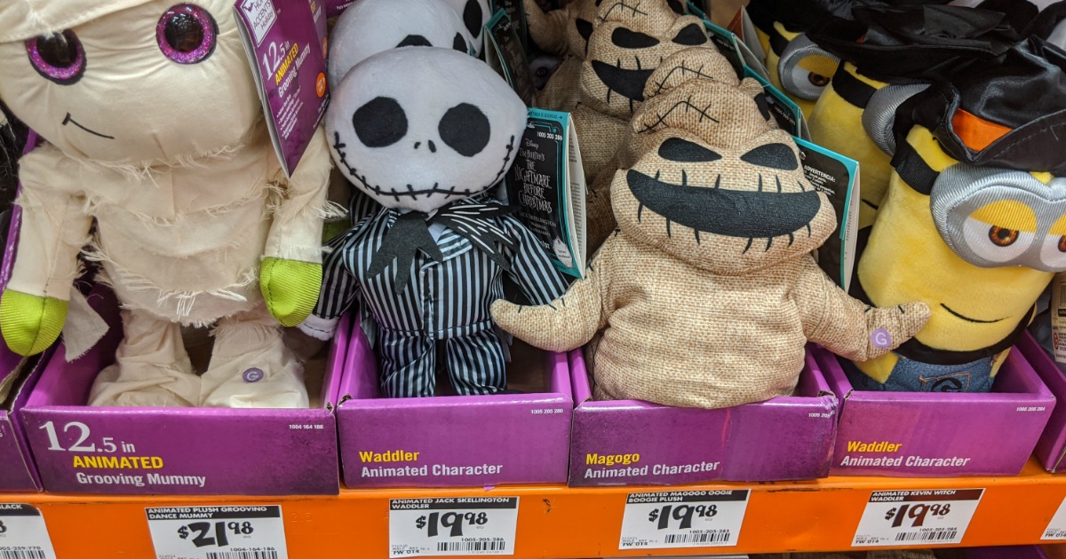 plush halloween decorations on a store shelf