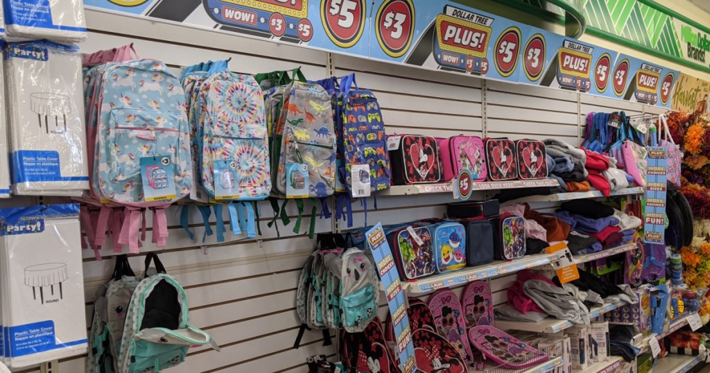 Collection of kids backpacks and lunch boxes on display in-store