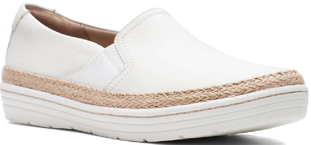 white slip on flats with espadrille trim