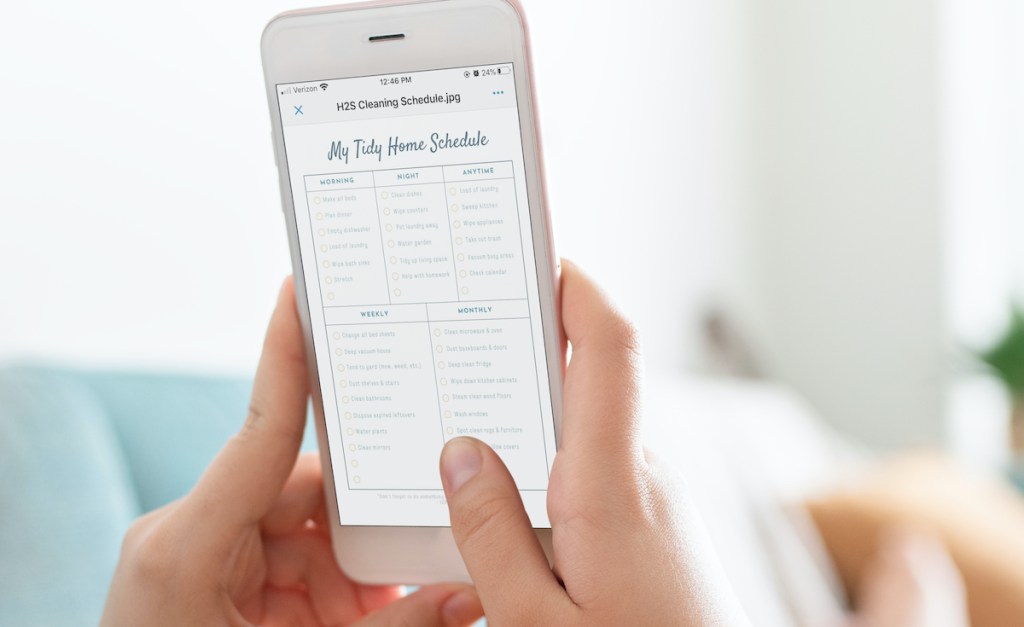 hands holding a phone with cleaning schedule on screen