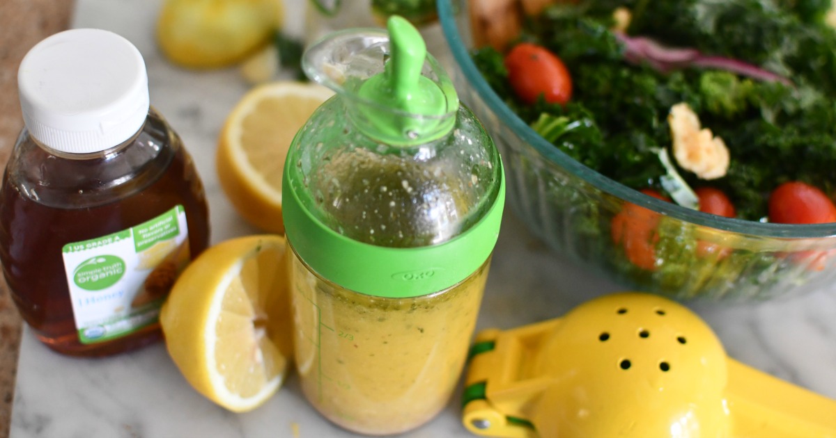 lemon honey salad dressing in OXO shaker