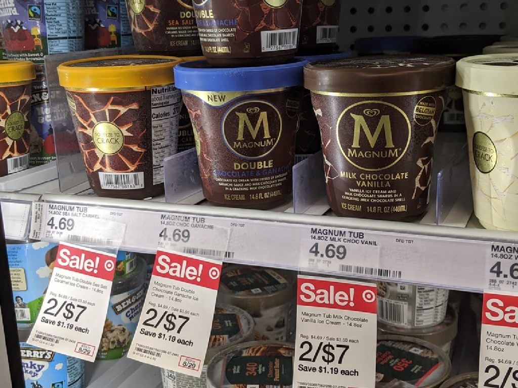 store freezer with tubs of ice cream