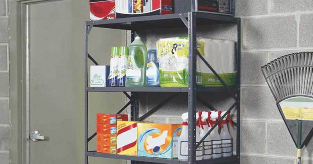 steel shelving unit in garage holding household goods