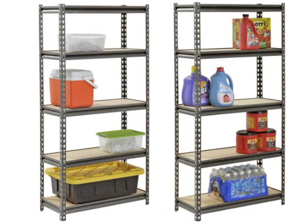 shelving unit muscle racks with items on them