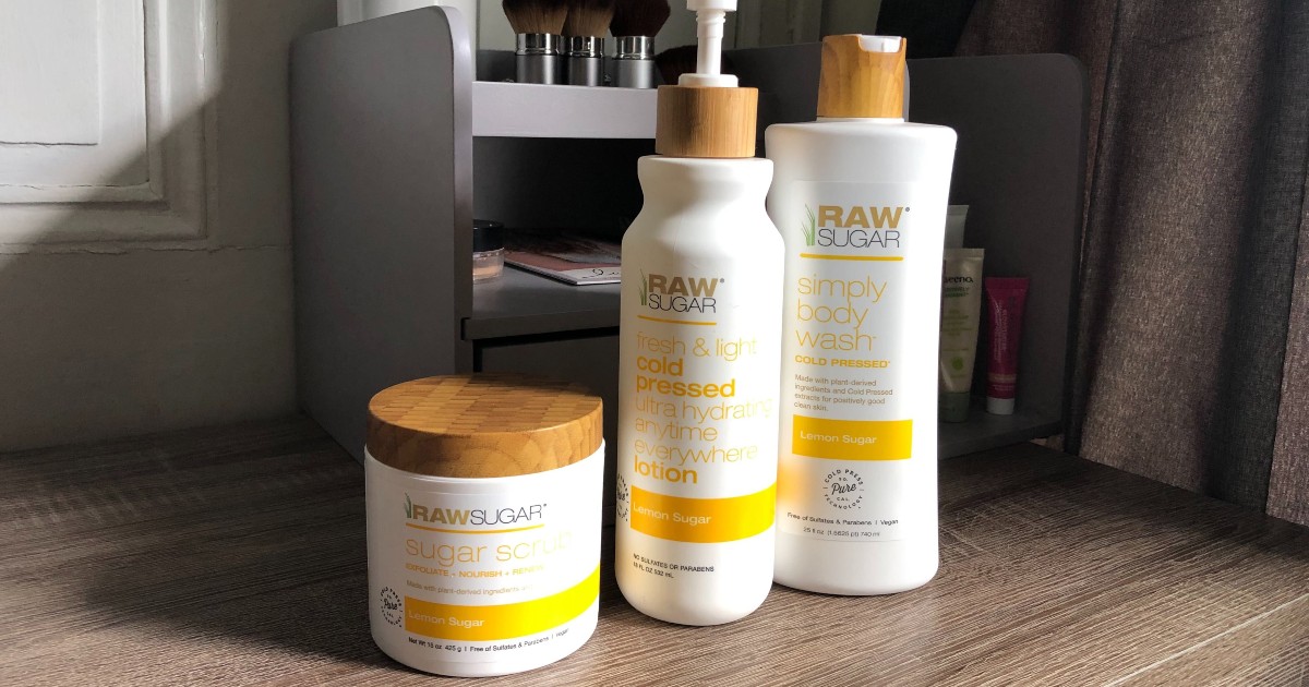 Raw Sugar Bath and Body products in bathroom