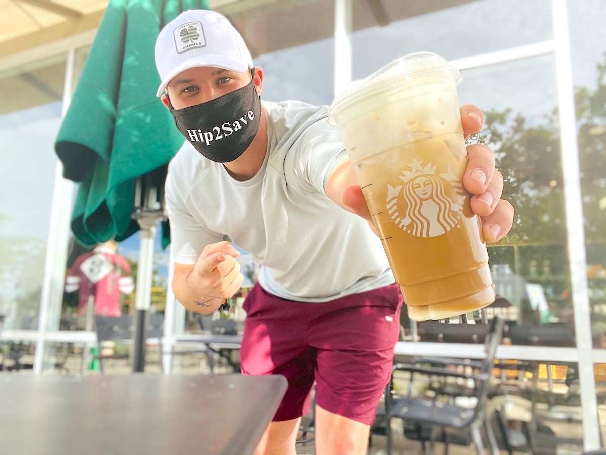 man holding starbucks secret menu salted caramel white mocha