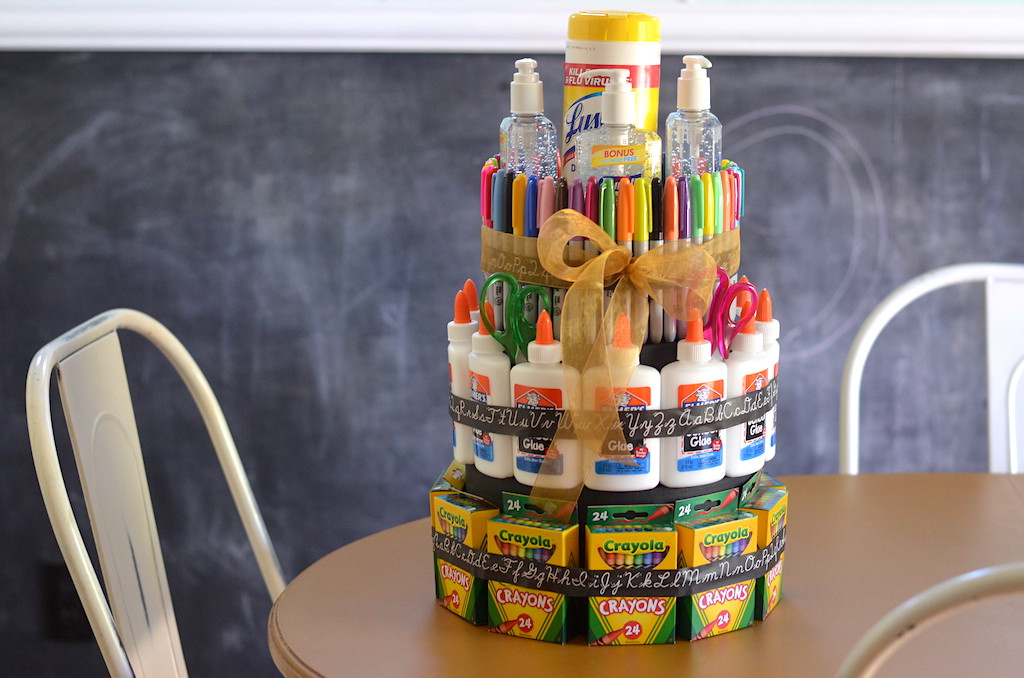 DIY school supply "cake" on table