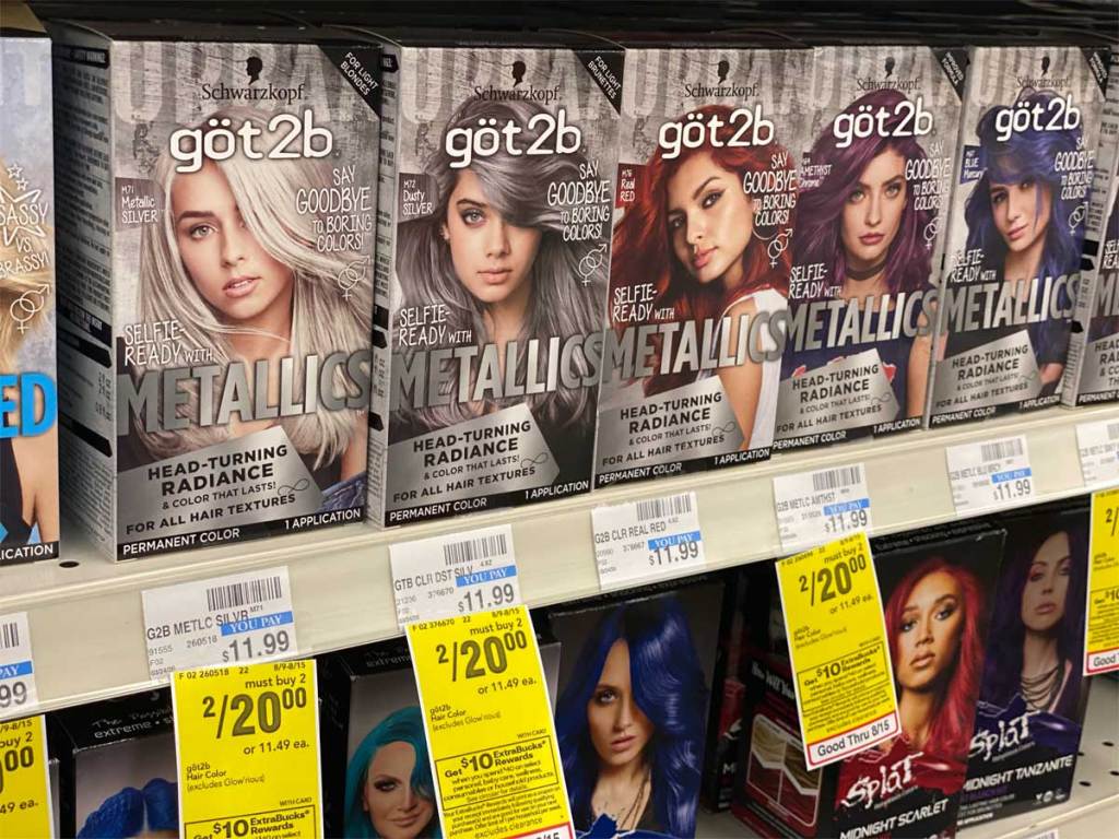 boxes of metallic hair color on shelf in store