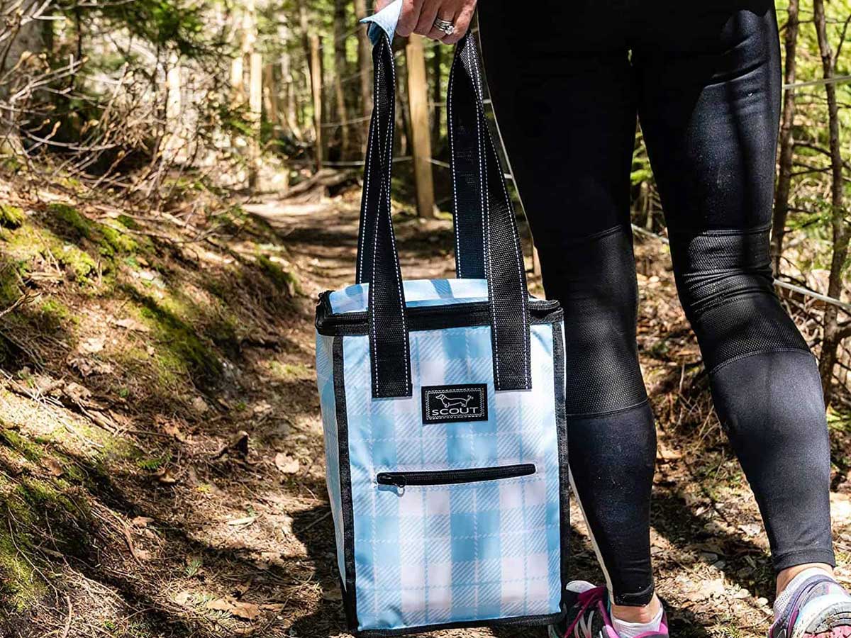 cooler being held up on a walk in the woods