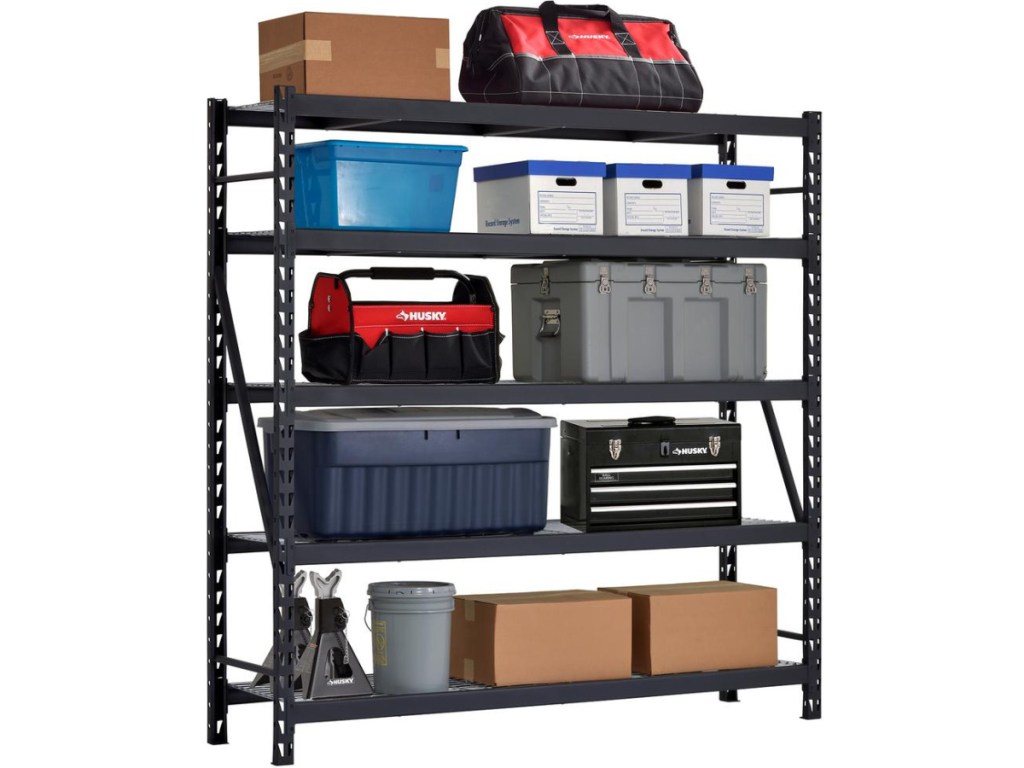 large black garage storage shelves fillled with garage type items