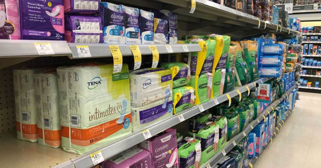 feminine product aisle at walgreens