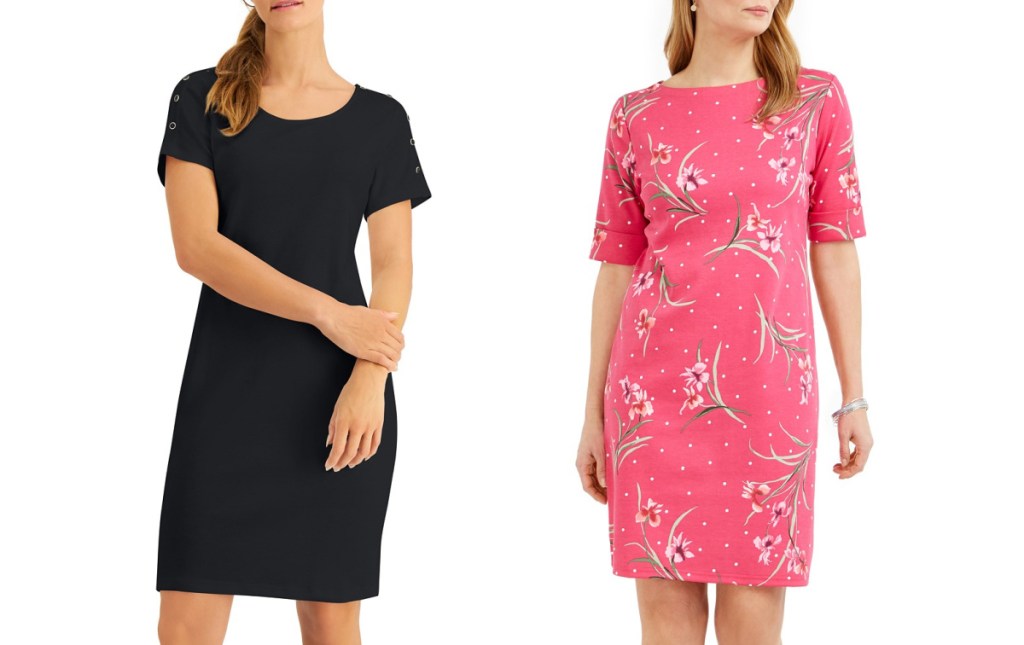 woman wearing a black dress and woman wearing pink floral dress