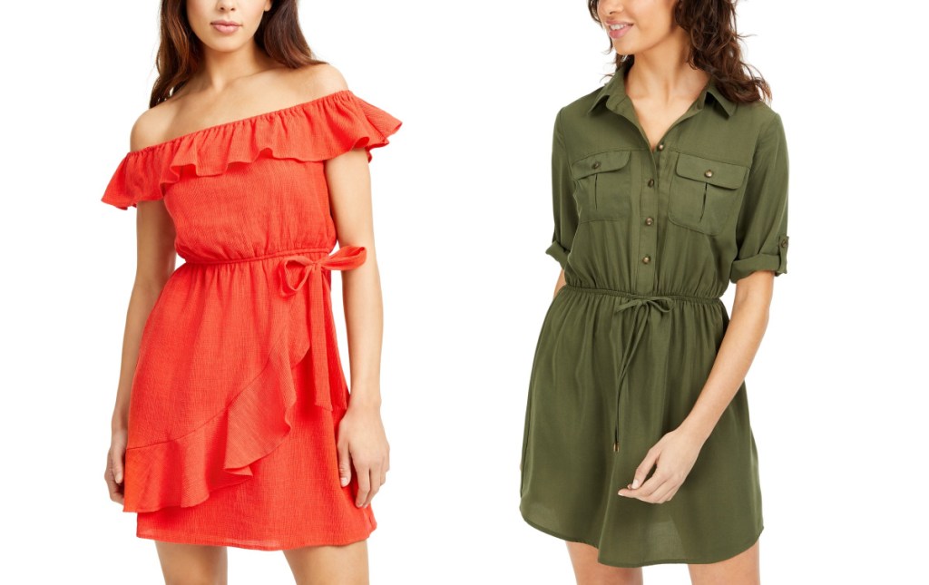 woman wearing ruffle coral dress and woman wearing olive shirt dress
