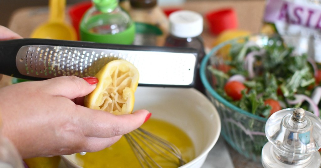 zesting a lemon to make dressing 