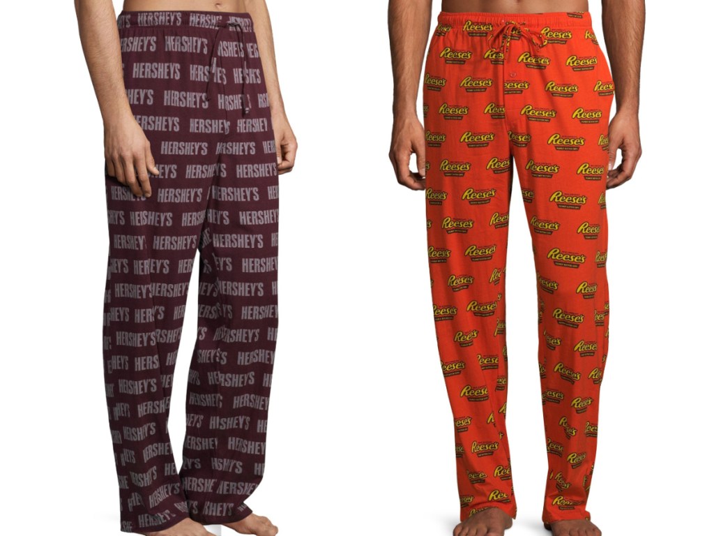 2 men standng next to each other one wearing hershey pajama bottoms and the other wearing reese's pajama bottoms