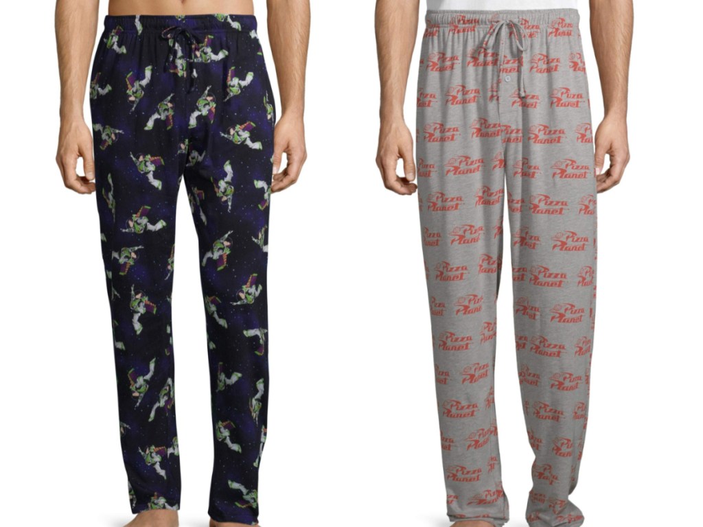 2 men wearing comfy pajama bottoms standing next to each other