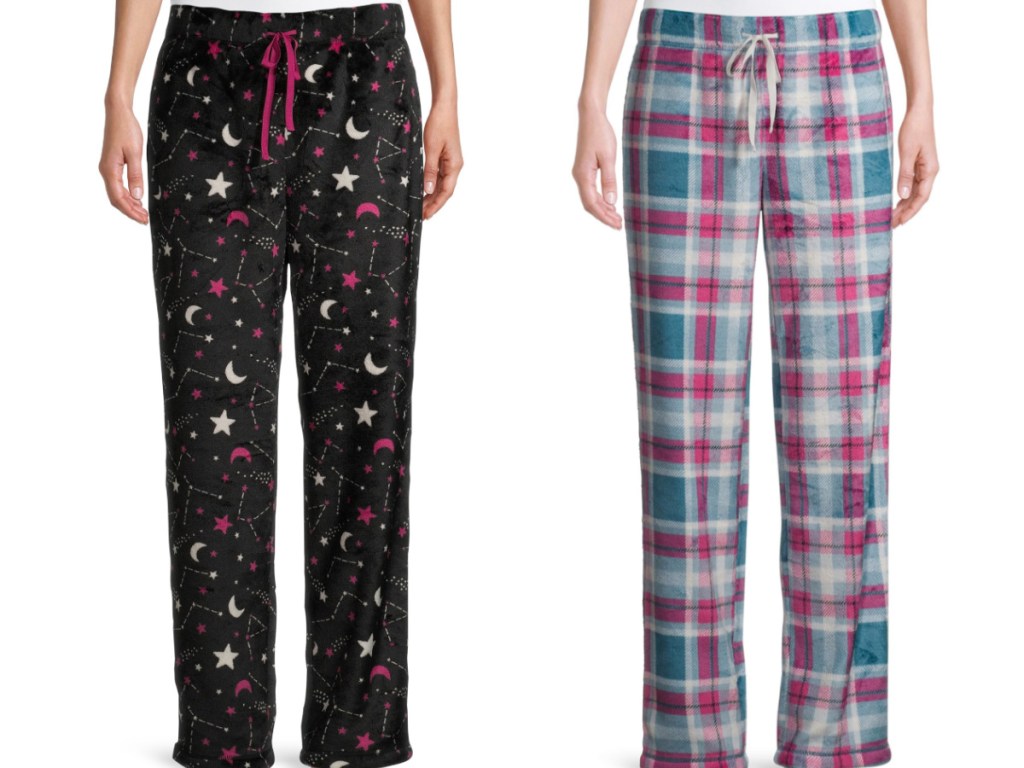 2 women standing next to each other wearing fuzzy pajama bottoms