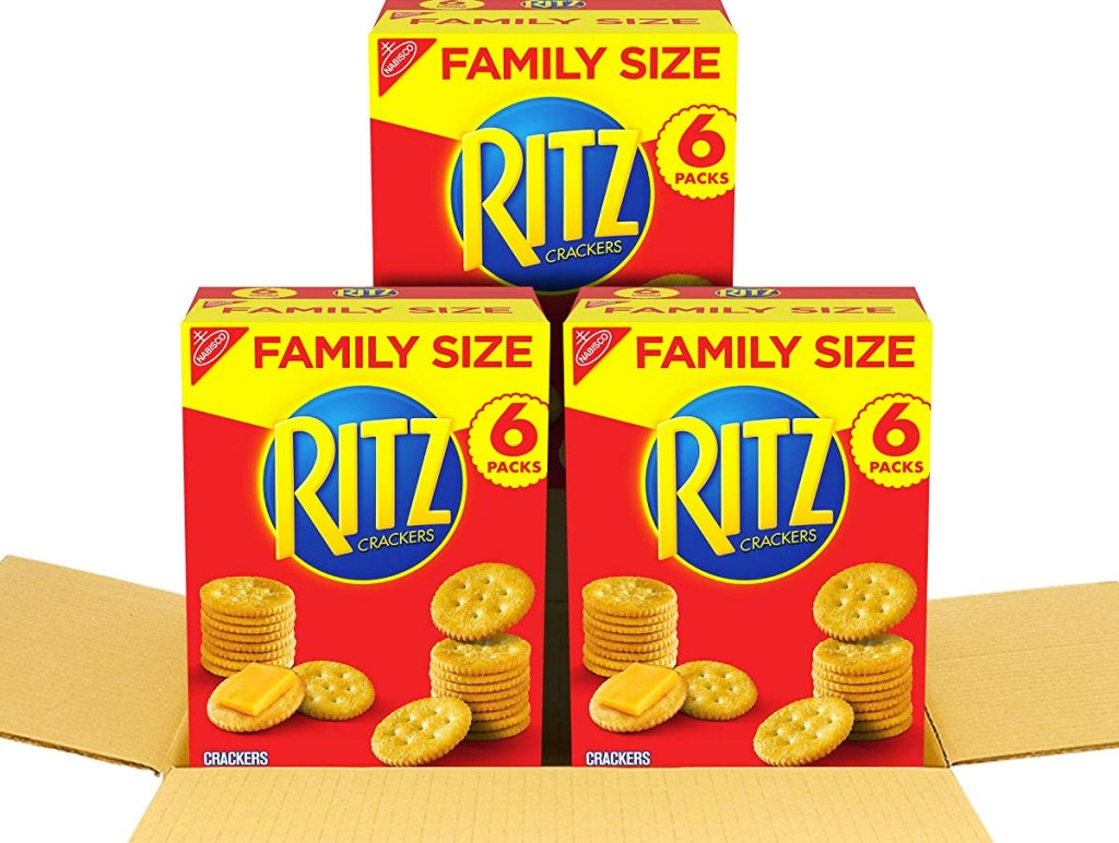 three family size boxes of rtiz crackers in shipping box