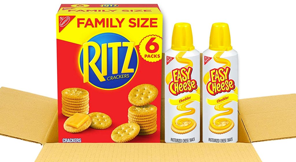 shipping box with family size box of rtiz crackers and two cans of easy cheese spray