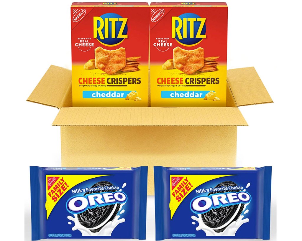 shipping box with two boxes of rtiz crisps and two family size oreo cookies
