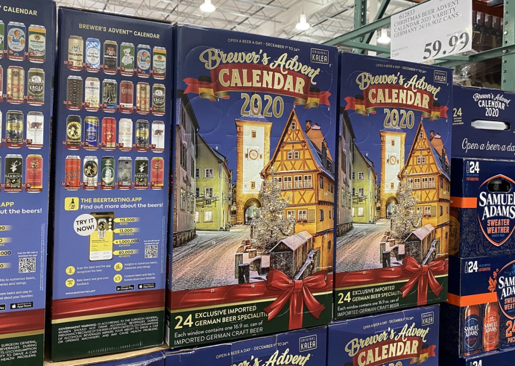 multiple boxes of beer advent calendars on a costco pallet in store