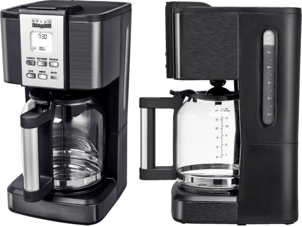 front and side views of a black stainless steel 14-cup coffee maker