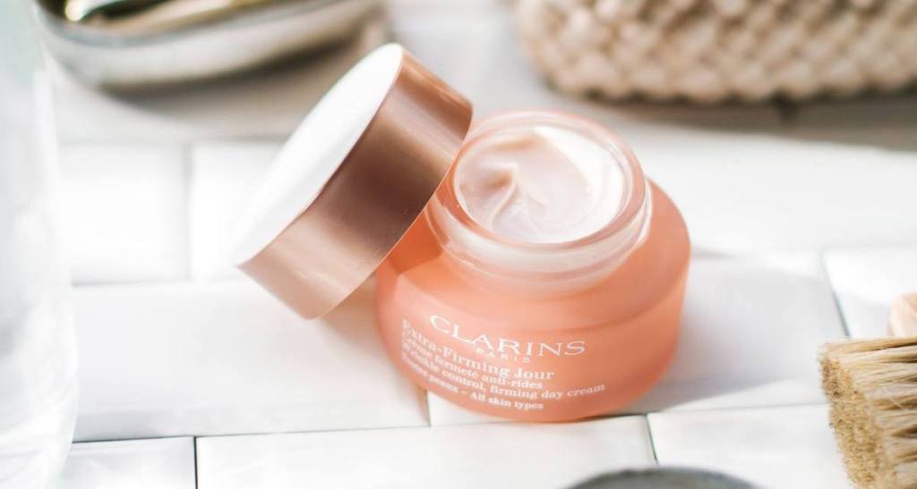 open jar of Clarins Extra-Firming Wrinkle Control Firming Day Cream Broad Spectrum SPF 15 All Skin Types