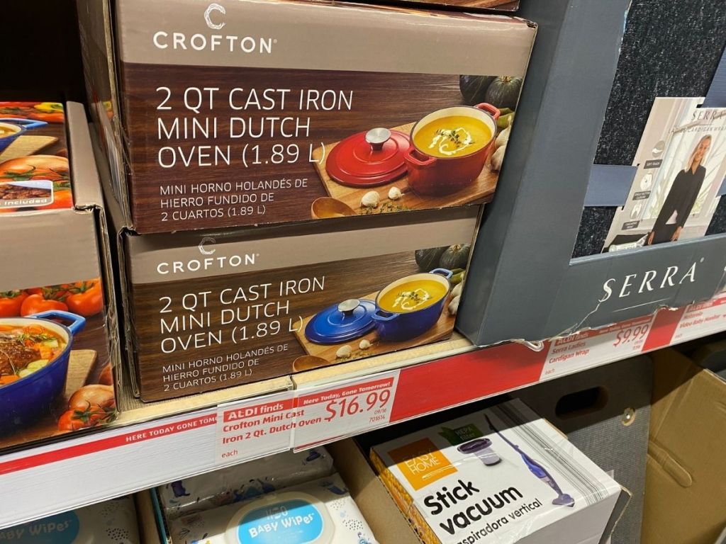 Crofton 2qt cast iron mini dutch oven box on store shelf