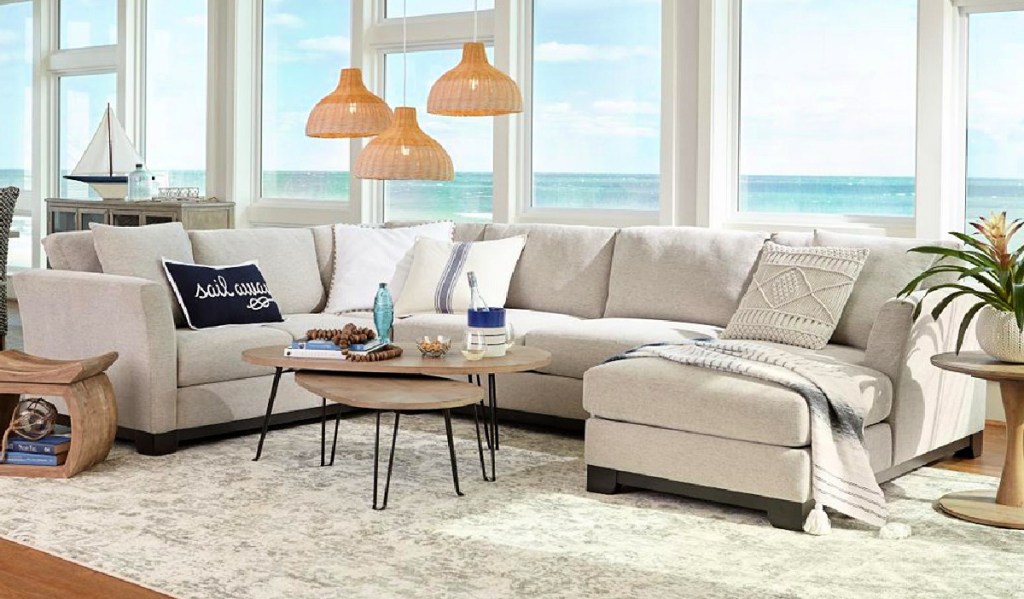 beach house with an Elliot II 107" 2-Piece Fabric Chaise Sectional Apartment Sofa