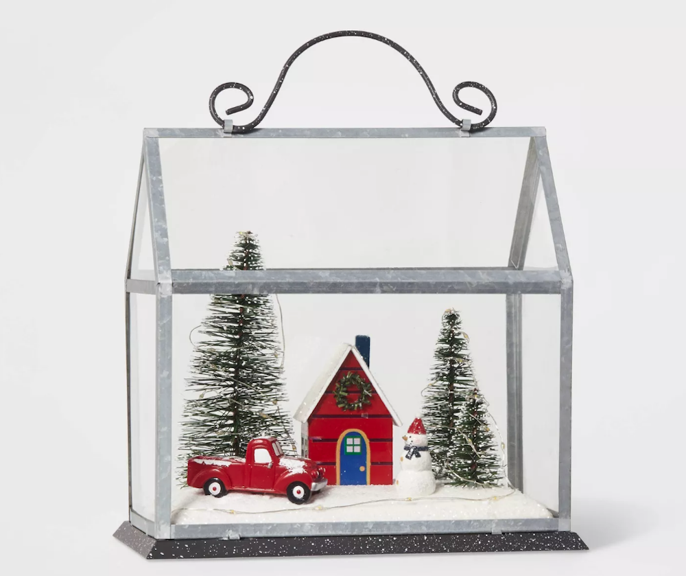 glass cloche featuring farmhouse in snow with old truck