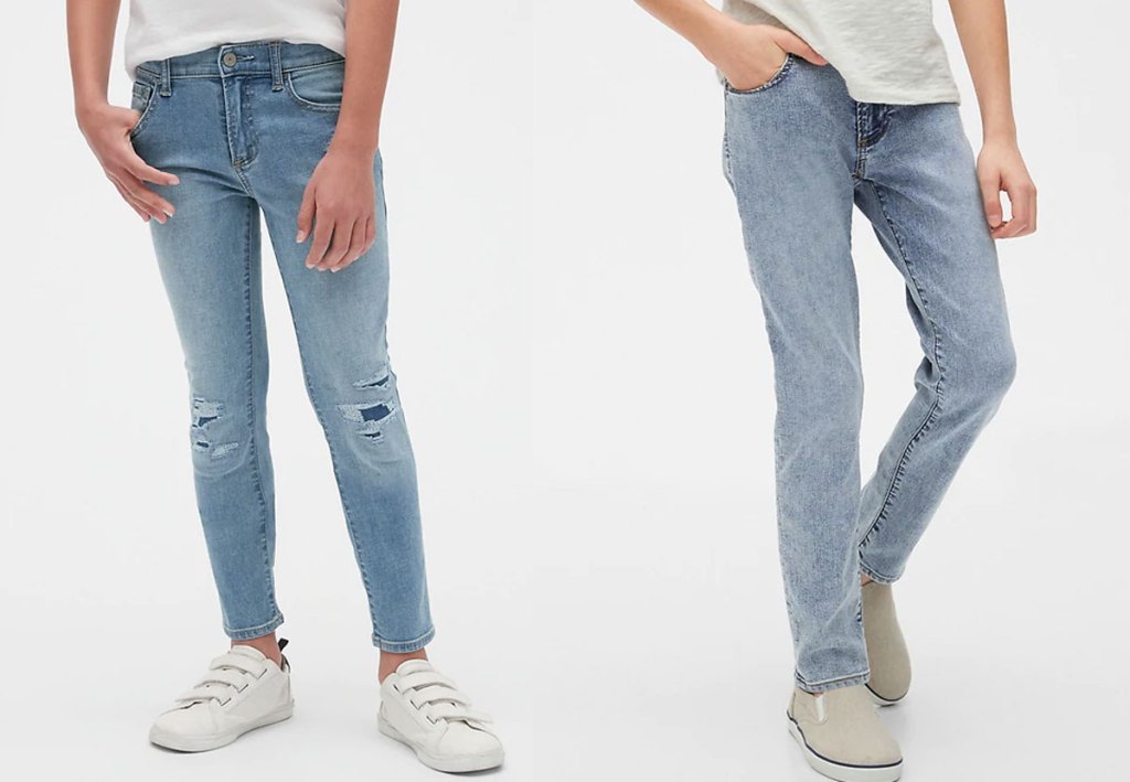 two boys modeling jeans in light wash colors