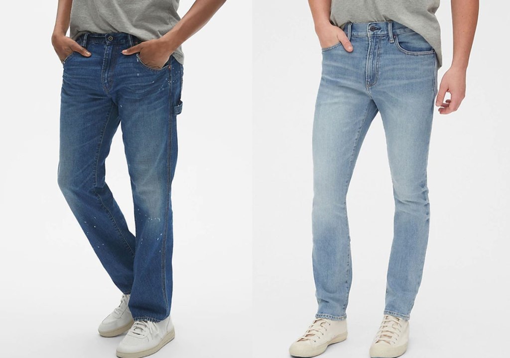 two men modeling skinny jeans in two different wash colors