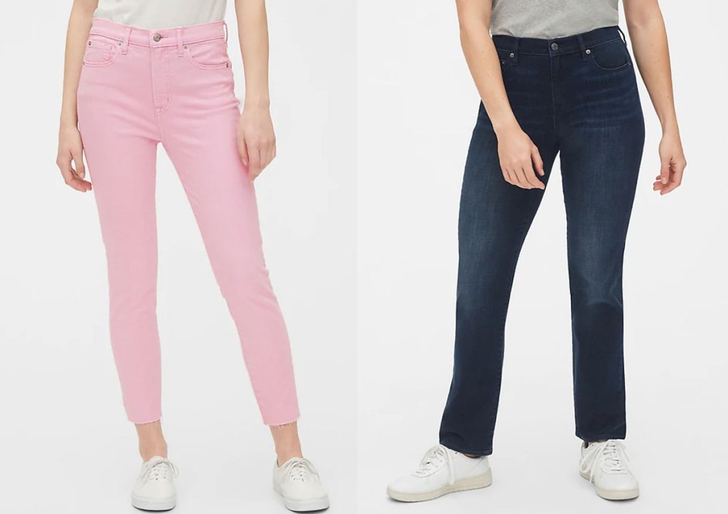 two women modeling jeans in pink and dark wash colors