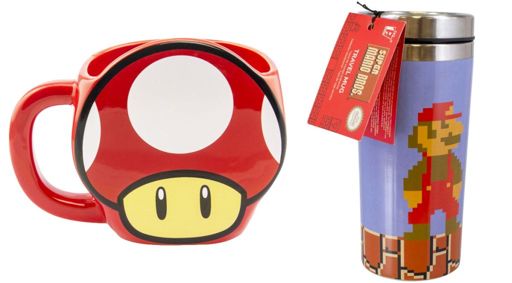 red super mario mushroom shaped coffee mug and super mario travel mug