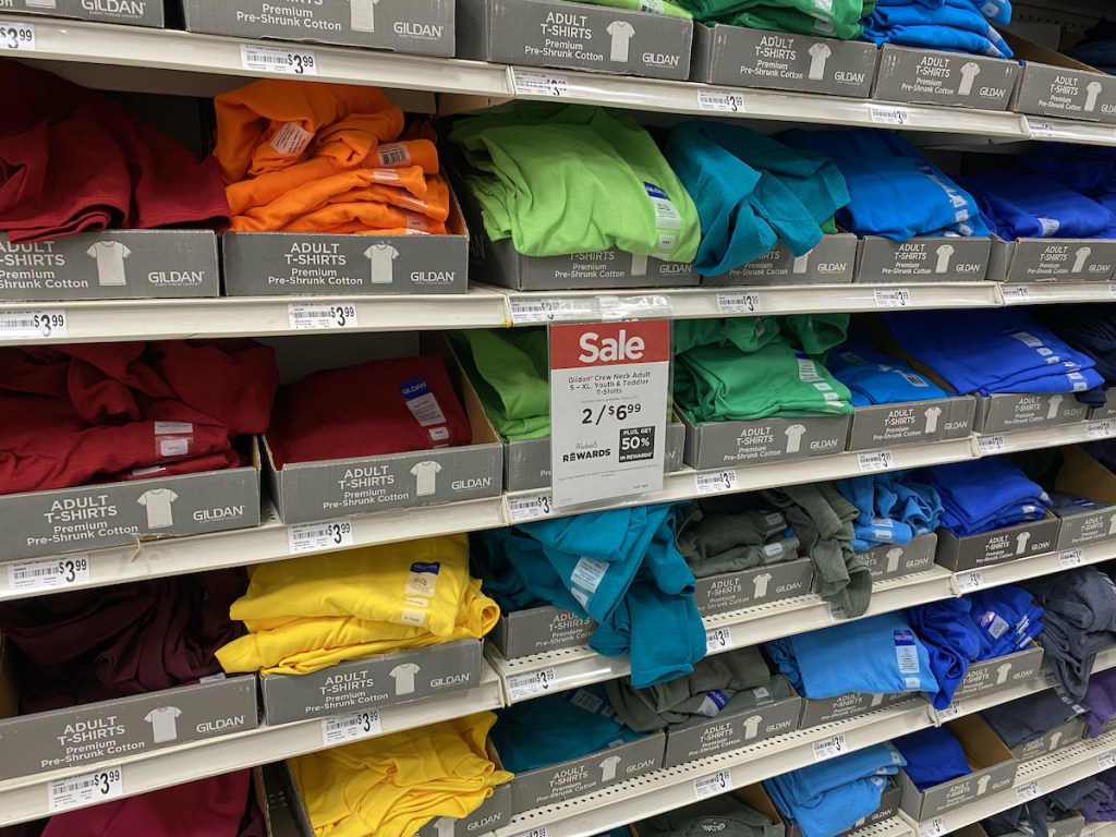 multiple colored Gildan T-Shirt on wall Wall Michaels