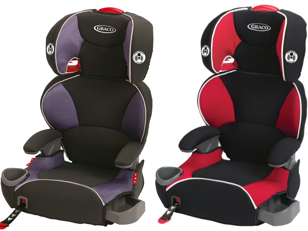purple and black car seat and red and black car seat