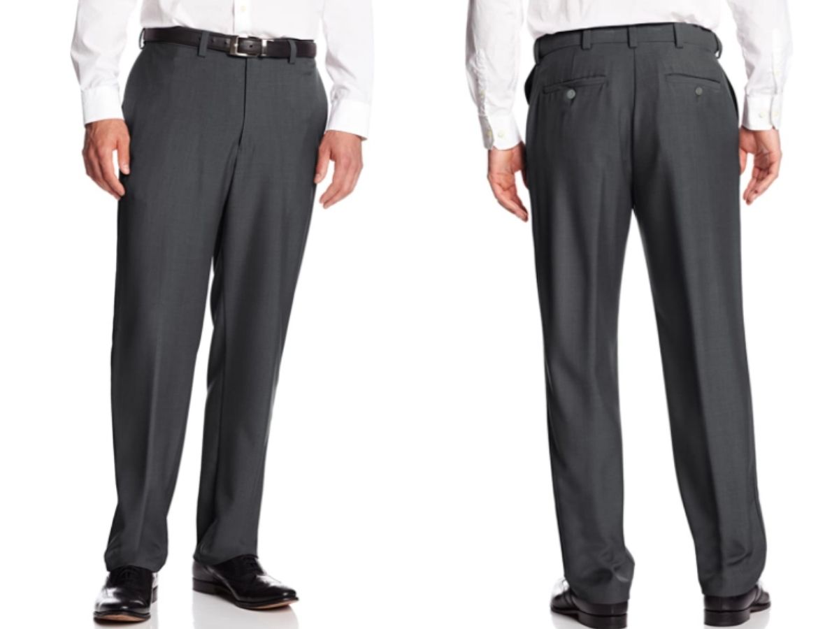 front and back view of mens gray dress pants