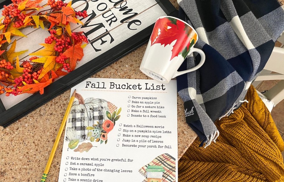 fall bucket list on table with pencil