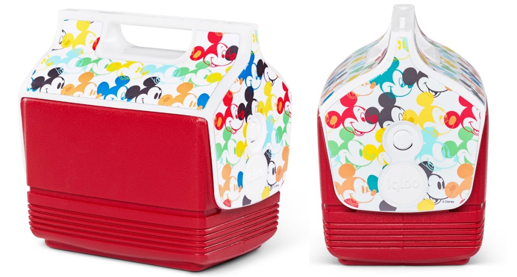 red igloo playmate cooler with multi colored mickey mouse heads all over the lid