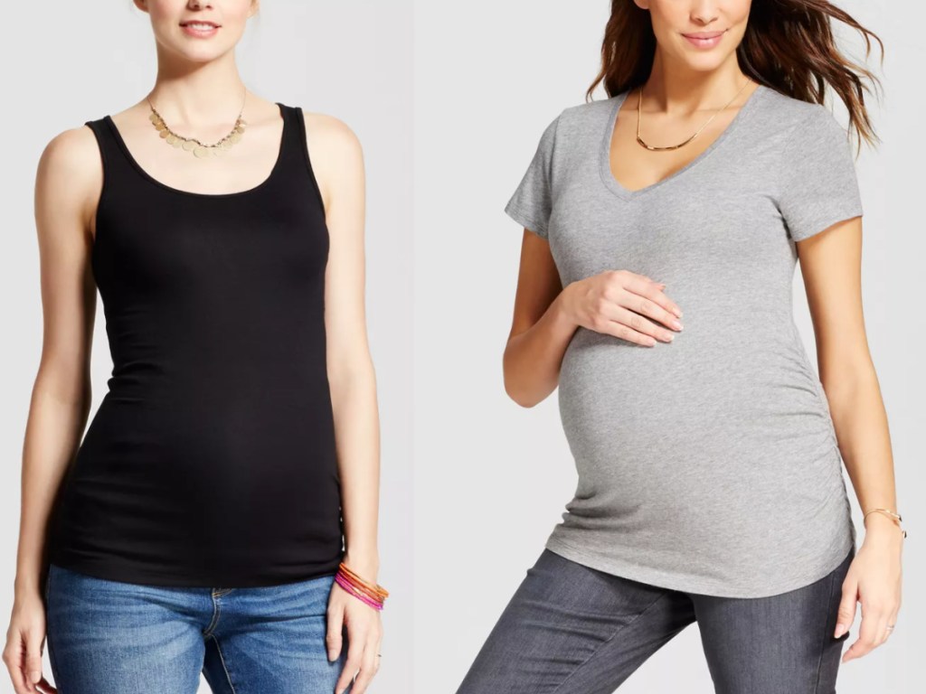 2 women standing next to each other wearing Isabel by Ingrid & Isabel maternity tops