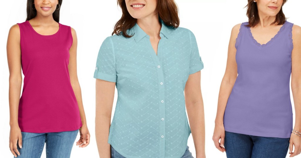 3 women wearing tank tops and a blouse