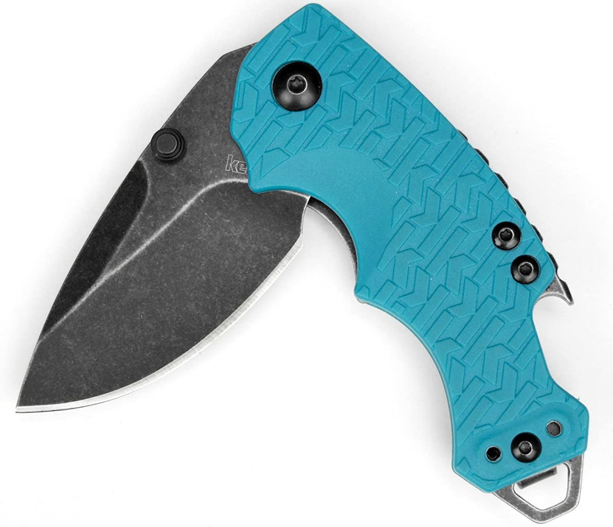 Teal colored pocket knife partially open
