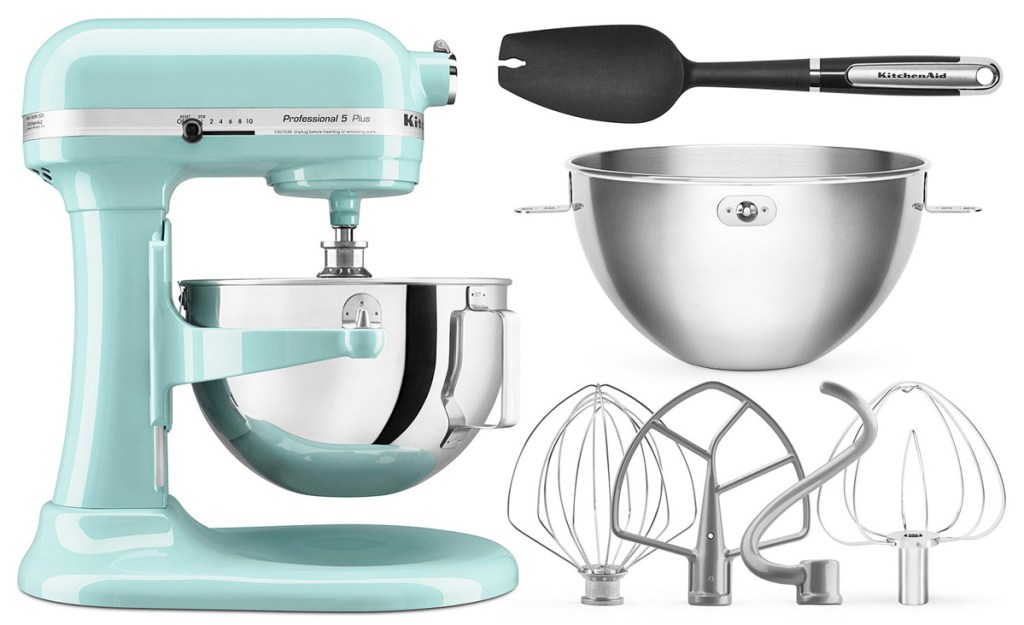 aqua colored KitchenAid lift-bowl stand mixer with two bowls, four mixing attachments, and a spatula