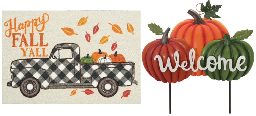 happy fall y'all doormat and pumpkin yard sign that says welcome