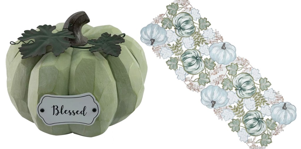 sage green pumpkin decor and white and green pumpkin table runner