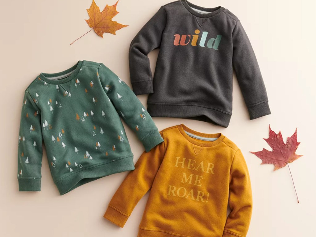 Cute fall sweatshirts for kids next to leaves